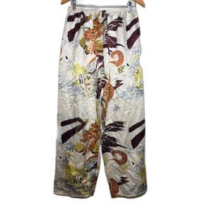 Max Nugus Pants Women's Size 26 Cream Asian Inspired Tiger Dragon Wide Leg Satin